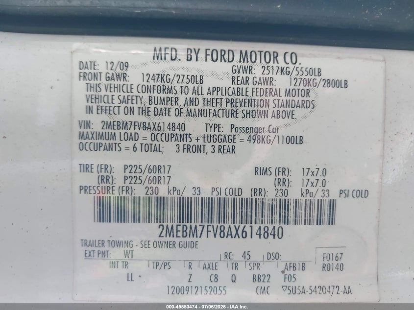 2010 Mercury Grand Marquis Ls (Fleet Only) VIN: 2MEBM7FV8AX614840 Lot: 45553474