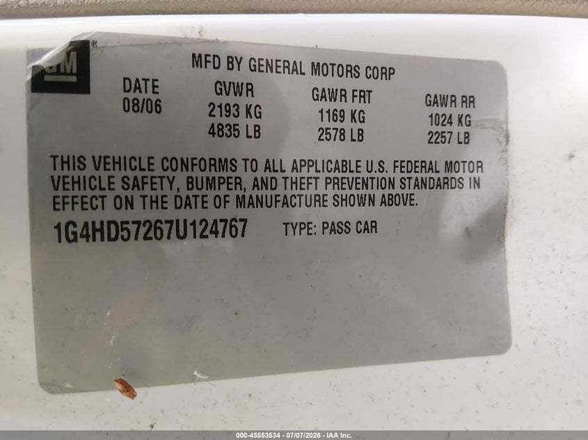 2007 Buick Lucerne Cxl VIN: 1G4HD57267U124767 Lot: 45553534
