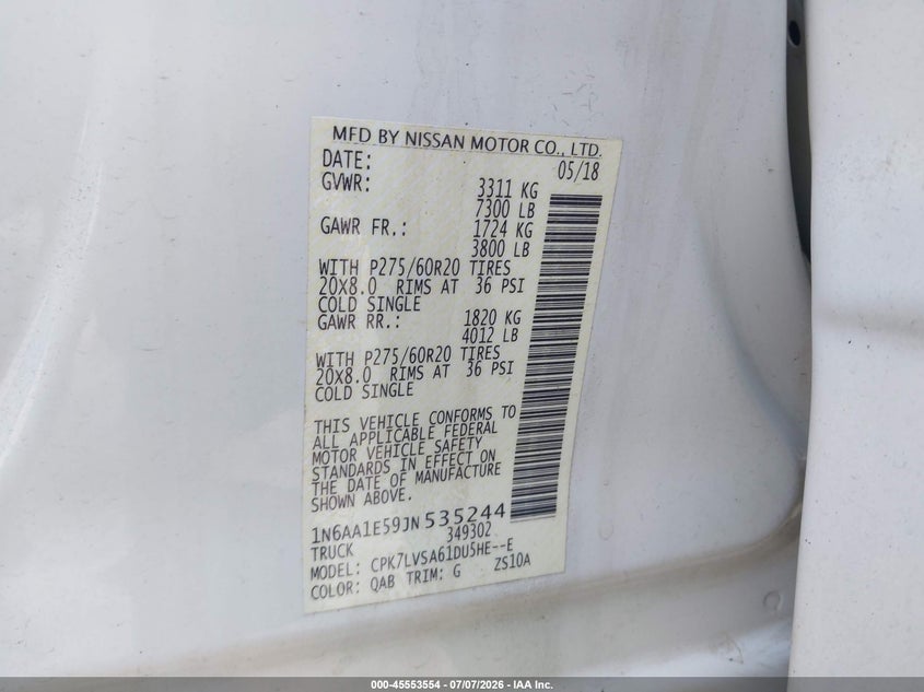 2018 Nissan Titan Sl VIN: 1N6AA1E59JN535244 Lot: 45553554