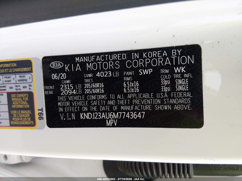 2021 Kia Soul S VIN: KNDJ23AU6M7743647 Lot: 45553583