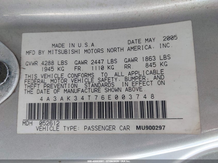 2006 Mitsubishi Eclipse Gt VIN: 4A3AK34T76E003748 Lot: 45553591