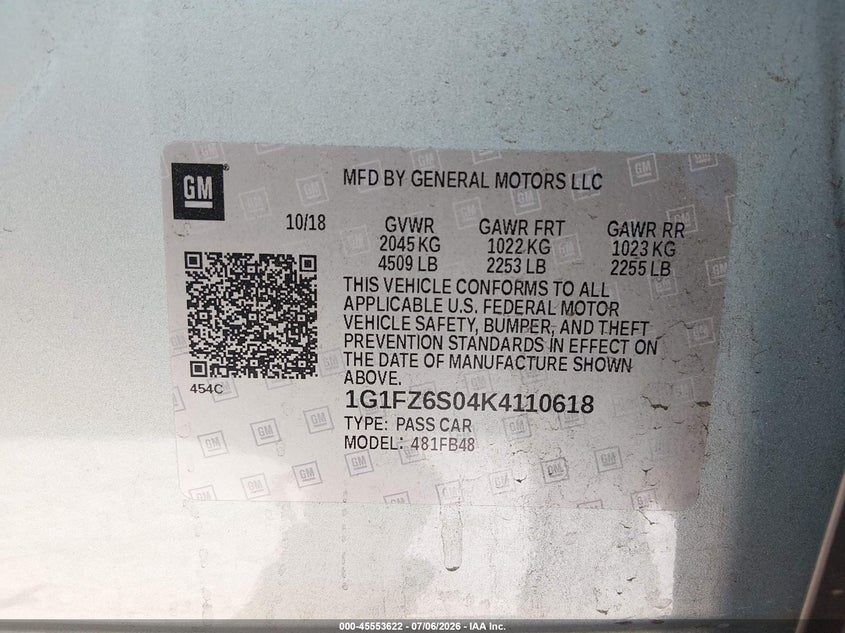 2019 Chevrolet Bolt Ev Premier VIN: 1G1FZ6S04K4110618 Lot: 45553622