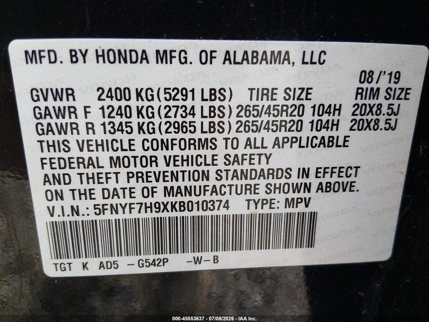 2019 Honda Passport Touring VIN: 5FNYF7H9XKB010374 Lot: 45553637