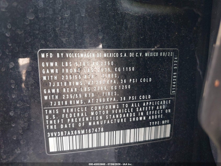 VOLKSWAGEN TIGUAN 2022 VIN 3VV3B7AX6NM167478