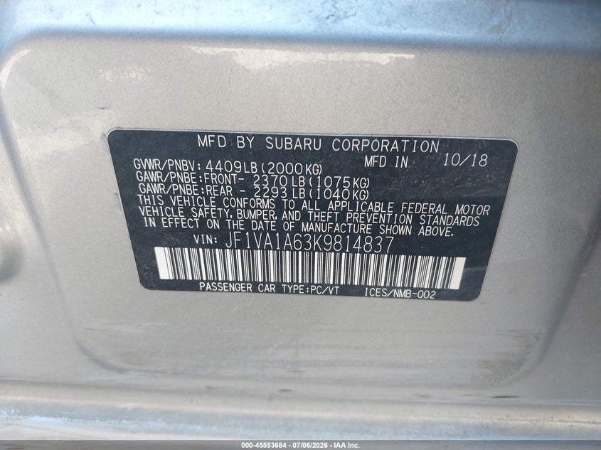 2019 Subaru Wrx VIN: JF1VA1A63K9814837 Lot: 45553684