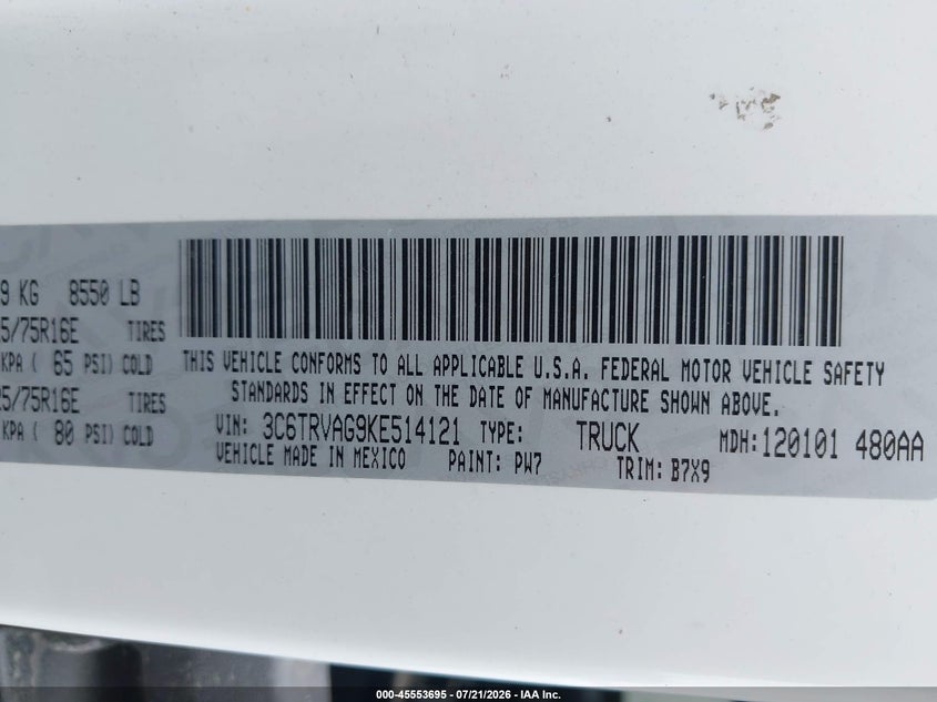 RAM PROMASTER 1500 2019 VIN 3C6TRVAG9KE514121