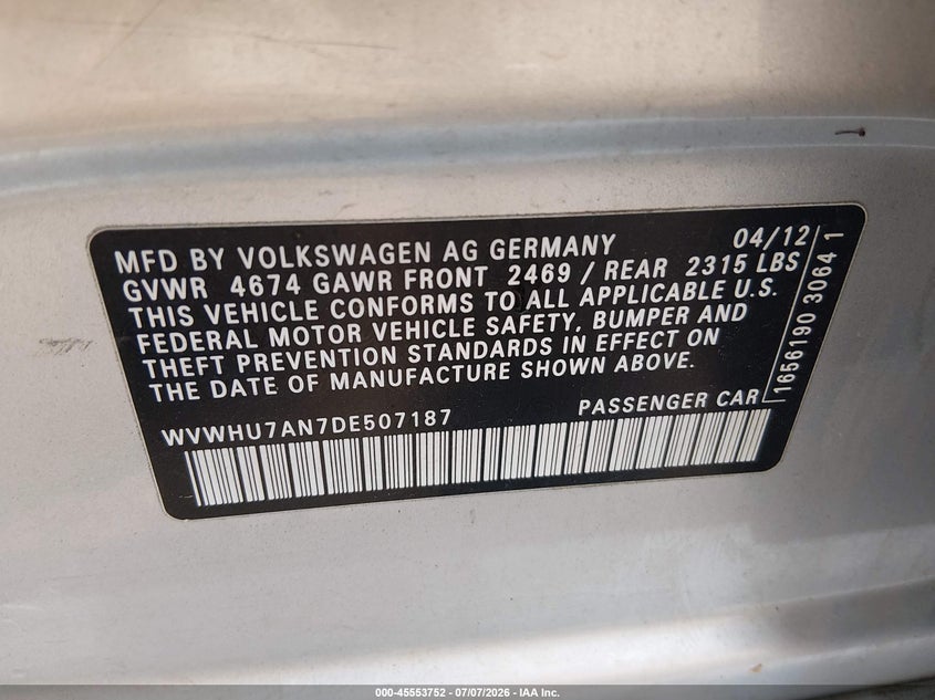 2013 Volkswagen Cc 3.6L Vr6 Lux VIN: WVWHU7AN7DE507187 Lot: 45553752
