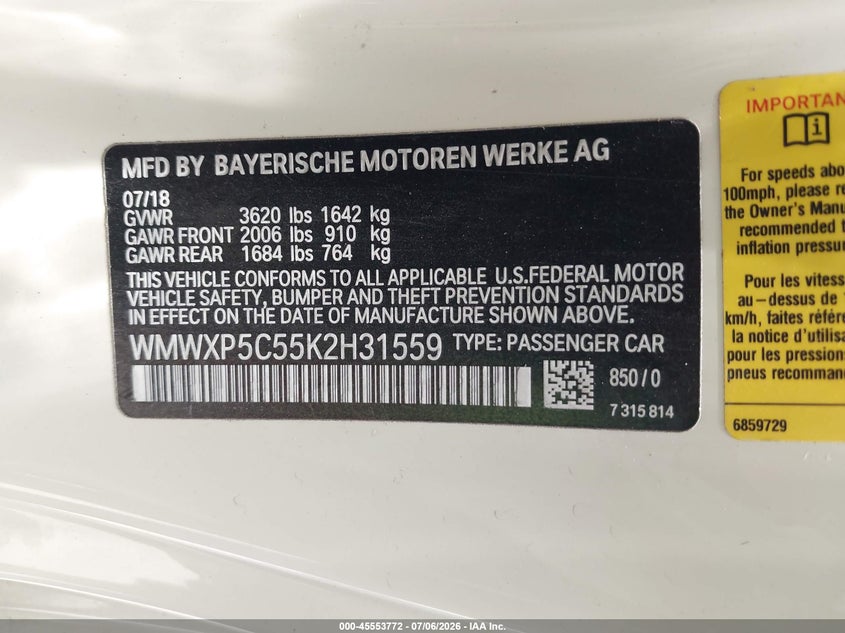 2019 Mini Hardtop Cooper VIN: WMWXP5C55K2H31559 Lot: 45553772