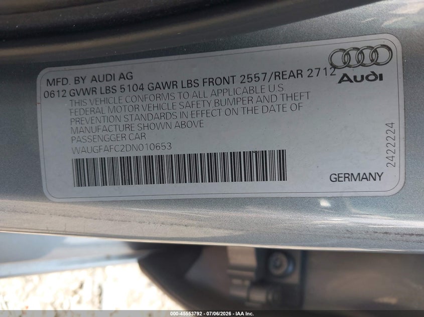 2013 Audi A6 2.0T Premium VIN: WAUGFAFC2DN010653 Lot: 45553792