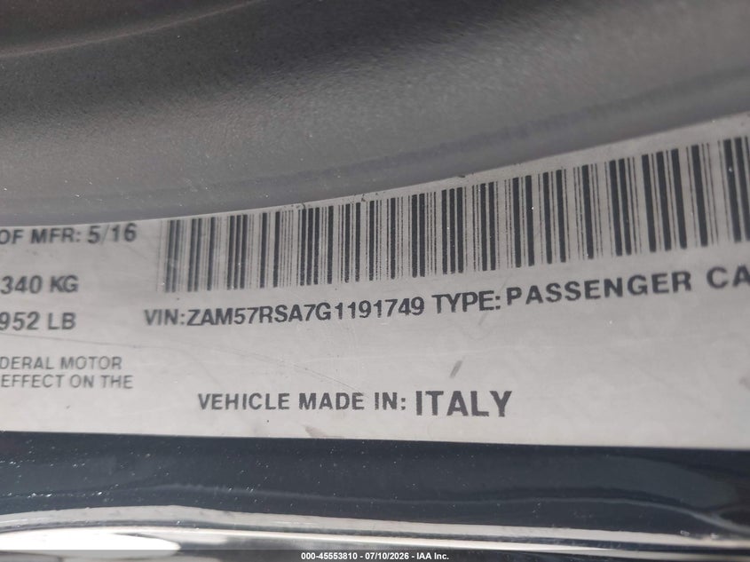 2016 Maserati Ghibli S VIN: ZAM57RSA7G1191749 Lot: 45553810