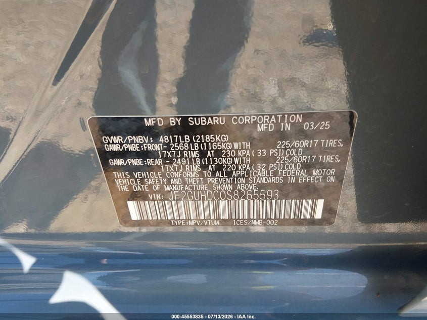 2025 Subaru Crosstrek Premium VIN: JF2GUHDC0S8265593 Lot: 45553835