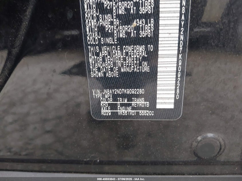 2019 Nissan Armada Sl VIN: JN8AY2ND7K9092280 Lot: 45553843