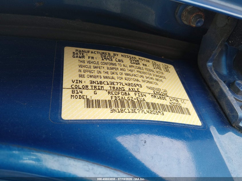 2007 Nissan Versa 1.8Sl VIN: 3N1BC13E77L420593 Lot: 45553855