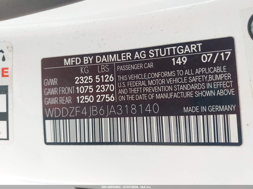 MERCEDES-BENZ E 300 2018 VIN WDDZF4JB6JA318140
