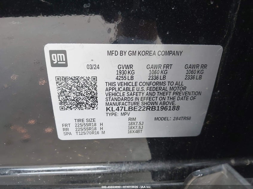 2024 Buick Envista Sport Touring Fwd VIN: KL47LBE22RB196188 Lot: 45553890