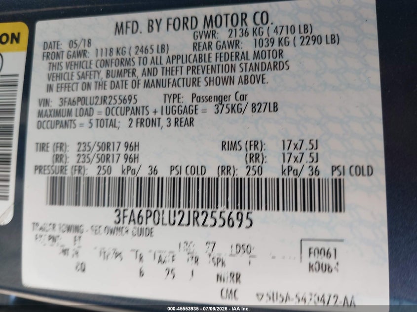 VIN: 3FA6P0LU2JR255695 2018 FORD FUSION HYBRID SE