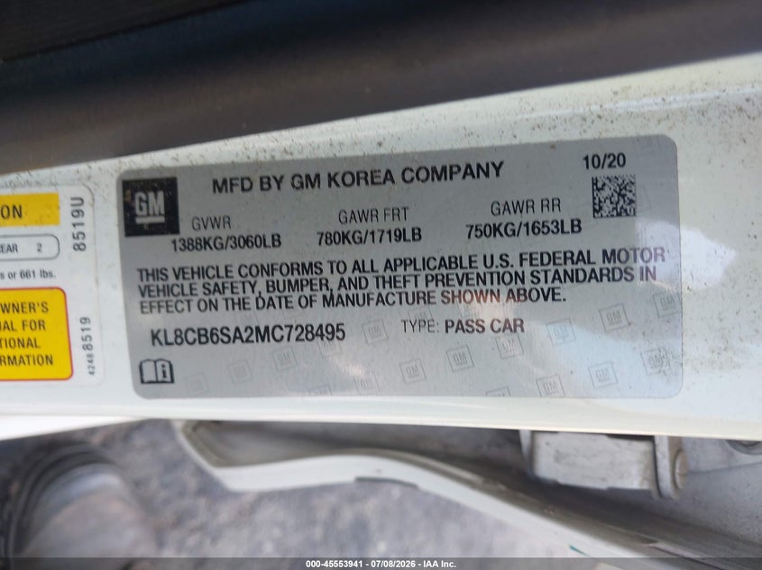 2021 Chevrolet Spark Fwd Ls Automatic VIN: KL8CB6SA2MC728495 Lot: 45553941