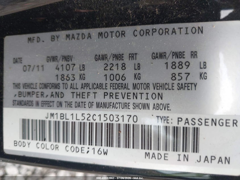 MAZDA MAZDA3 2012 VIN JM1BL1L52C1503170