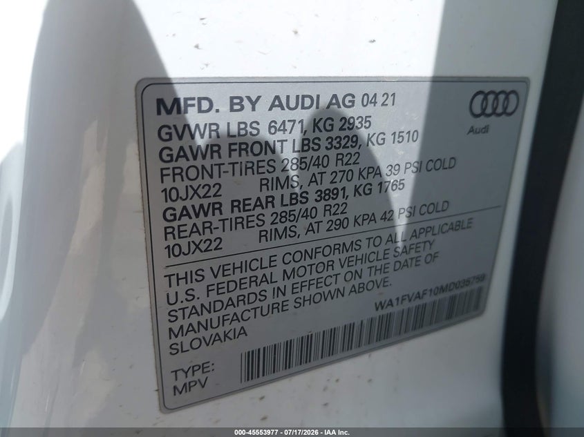 2021 Audi Q8 Prestige 55 Tfsi Quattro Tiptronic VIN: WA1FVAF10MD035759 Lot: 45553977