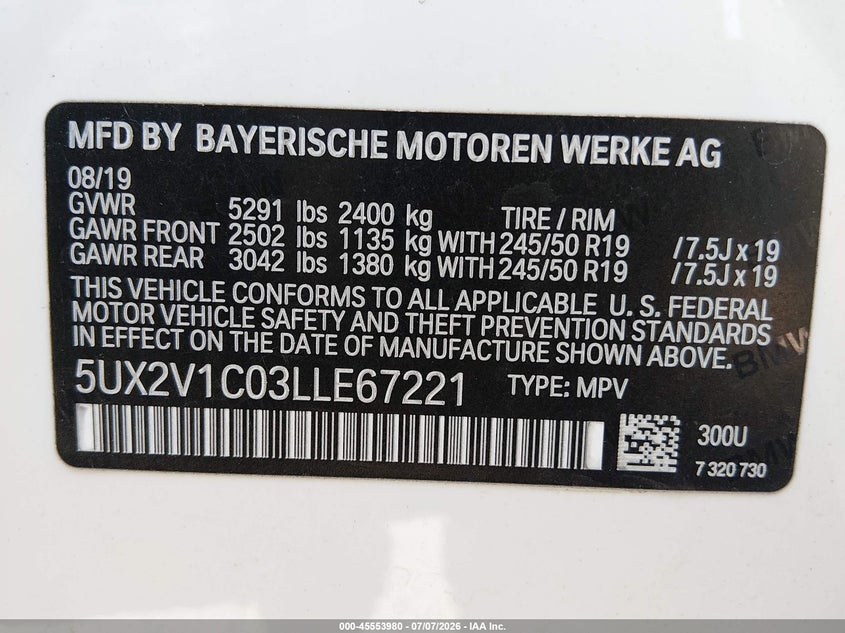 2020 BMW X4 xDrive30I VIN: 5UX2V1C03LLE67221 Lot: 45553980