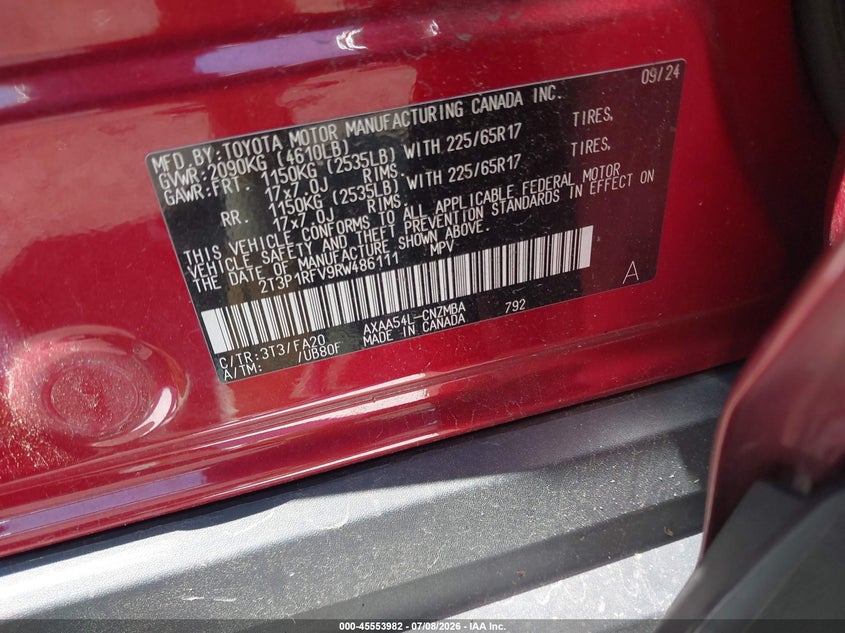 TOYOTA RAV4 2024 VIN 2T3P1RFV9RW486111