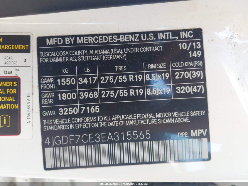 2014 Mercedes-Benz Gl 450 4Matic VIN: 4JGDF7CE3EA315565 Lot: 45553983
