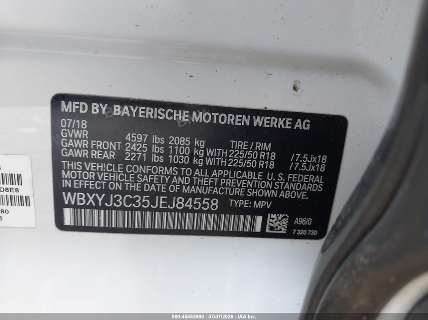 2018 BMW X2 Sdrive28I VIN: WBXYJ3C35JEJ84558 Lot: 45553990