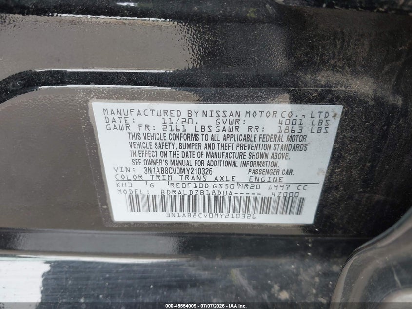 NISSAN SENTRA 2021 VIN 3N1AB8CV0MY210326