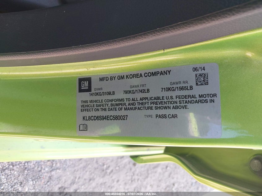 2014 Chevrolet Spark 1Lt Auto VIN: KL8CD6S94EC580027 Lot: 45554016