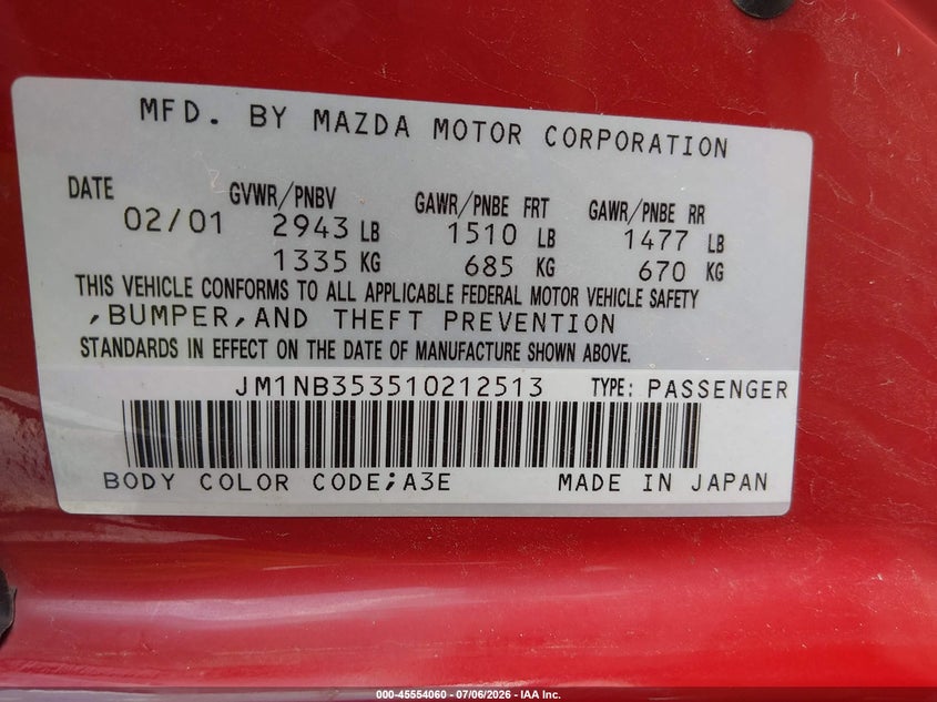 2001 Mazda Mx-5 Miata Ls/Special Edition VIN: JM1NB353510212513 Lot: 45554060