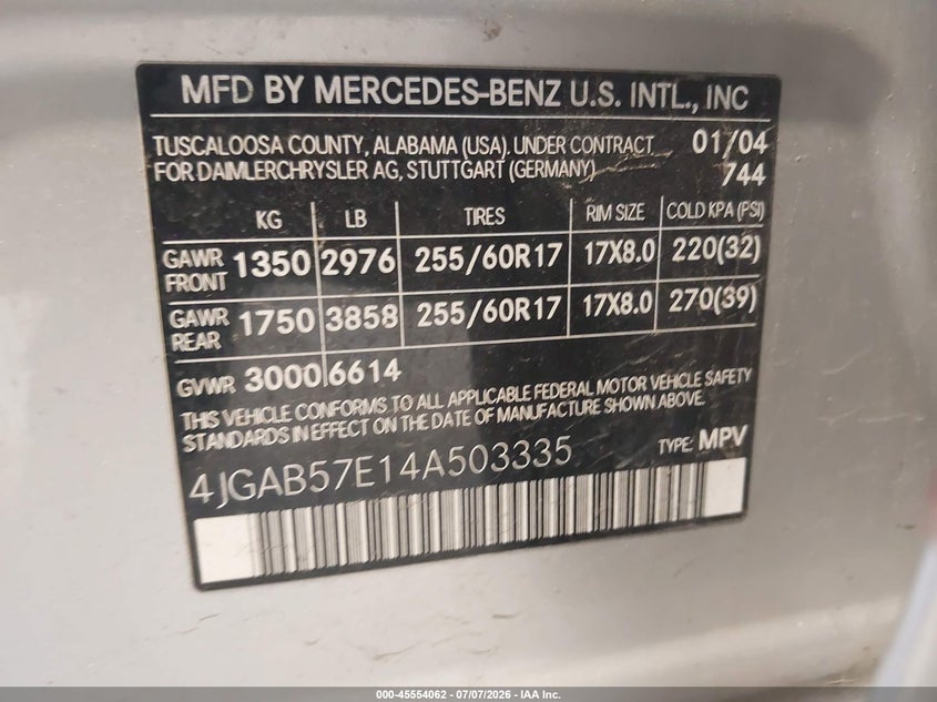 2004 Mercedes-Benz Ml 350 4Matic VIN: 4JGAB57E14A503335 Lot: 45554062