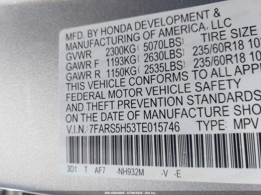HONDA CR-V HYBRID 2026 VIN 7FARS5H53TE015746