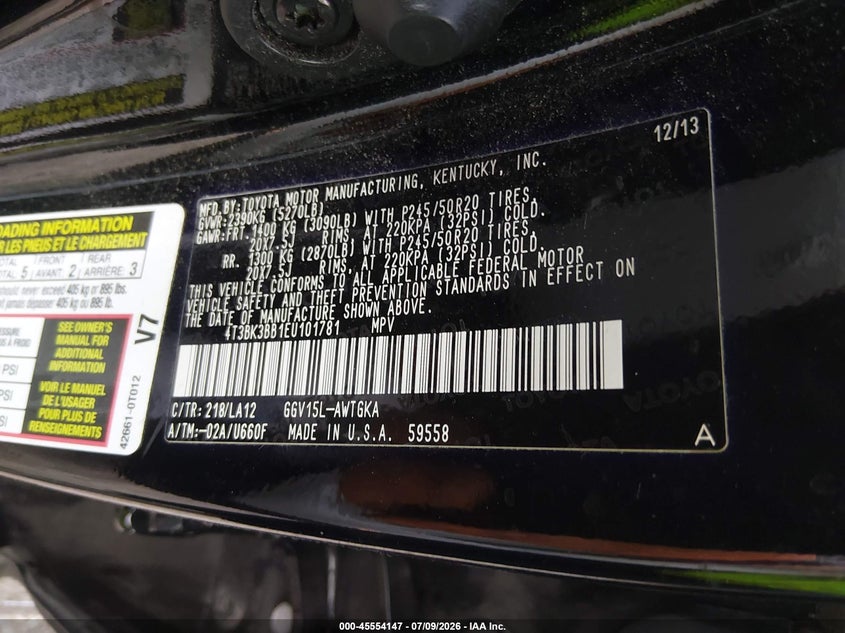 2014 Toyota Venza Xle V6 VIN: 4T3BK3BB1EU101781 Lot: 45554147