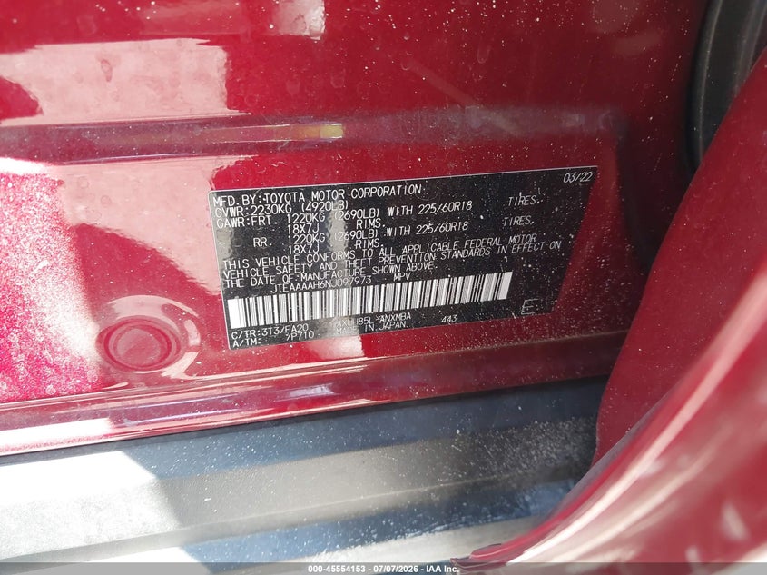 2022 Toyota Venza Le VIN: JTEAAAAH6NJ097973 Lot: 45554153