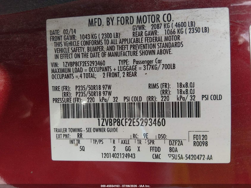 2014 Ford Mustang Gt/Gt Premium VIN: 1ZVBP8CF2E5293460 Lot: 45554163