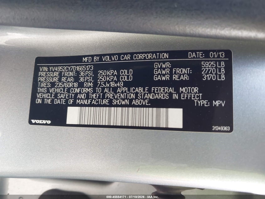 2013 Volvo Xc90 3.2/3.2 Platinum/3.2 Premier Plus VIN: YV4952CY7D1665173 Lot: 45554171