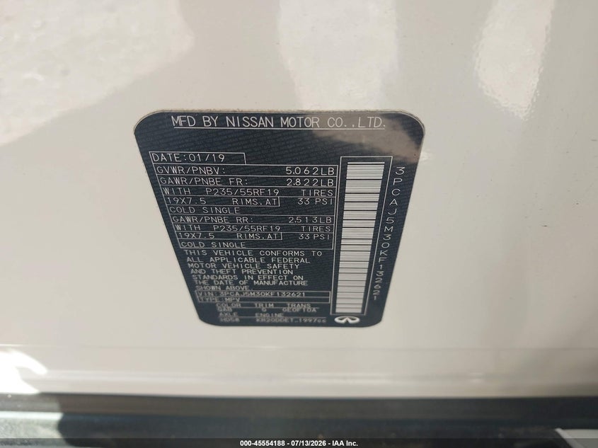 2019 Infiniti Qx50 Luxe VIN: 3PCAJ5M30KF132621 Lot: 45554188