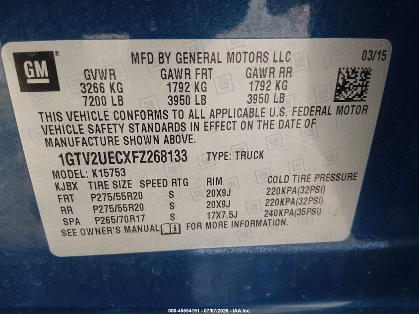 2015 GMC Sierra 1500 Sle VIN: 1GTV2UECXFZ268133 Lot: 45554191