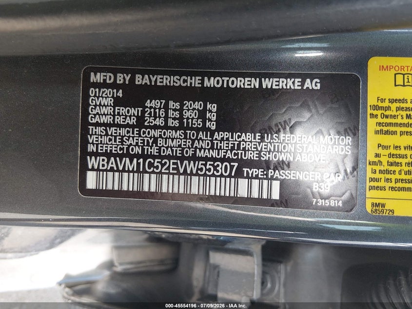 2014 BMW X1 Sdrive28I VIN: WBAVM1C52EVW55307 Lot: 45554196