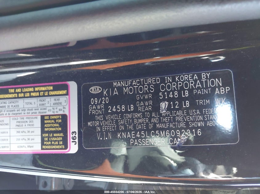2021 Kia Stinger Gt1 VIN: KNAE45LC5M6092316 Lot: 45554206