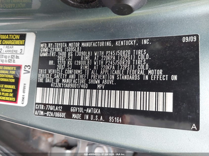 2009 Toyota Venza Base V6 VIN: 4T3ZK11A89U017460 Lot: 45554213