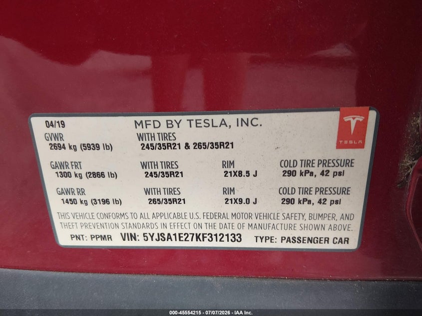 2019 Tesla Model S VIN: 5YJSA1E27KF312133 Lot: 45554215
