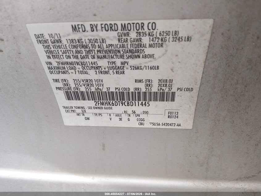 2012 Ford Flex Limited/Titanium VIN: 2FMHK6DT9CBD11445 Lot: 45554227