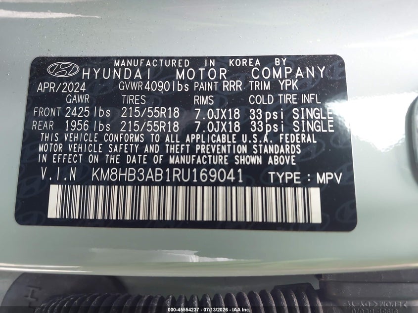 2024 Hyundai Kona Sel VIN: KM8HB3AB1RU169041 Lot: 45554237