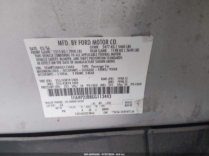 2016 Ford Taurus Limited VIN: 1FAHP2J88GG113443 Lot: 45554256