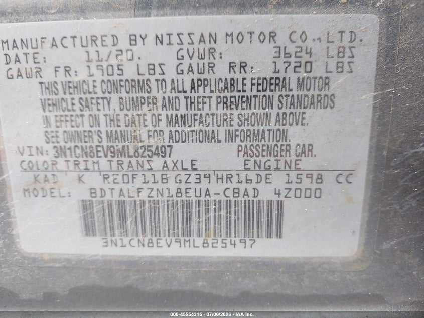 2021 Nissan Versa Sv Xtronic Cvt VIN: 3N1CN8EV9ML825497 Lot: 45554315