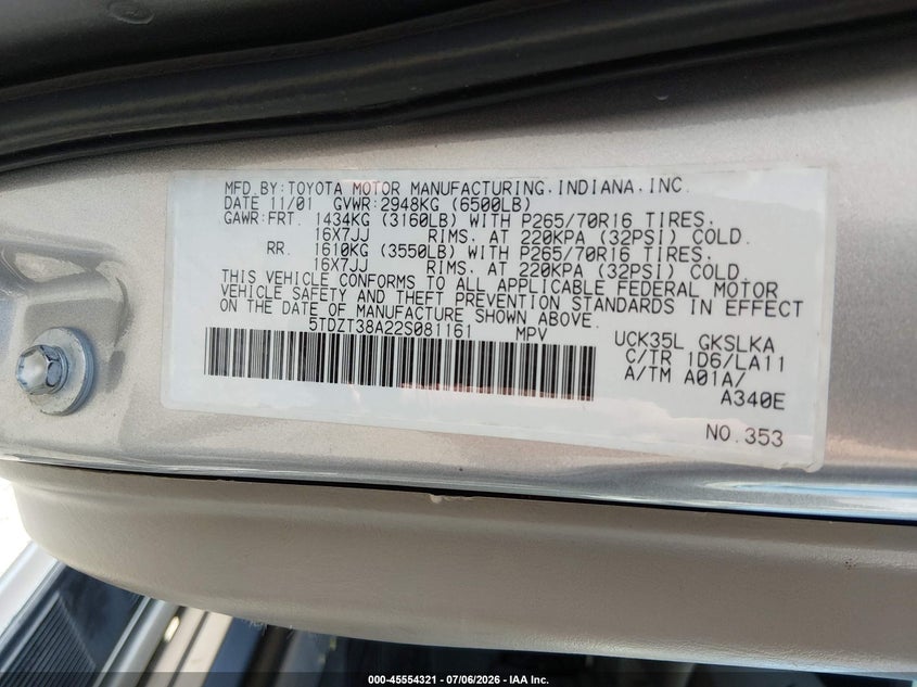 2002 Toyota Sequoia Limited V8 VIN: 5TDZT38A22S081161 Lot: 45554321