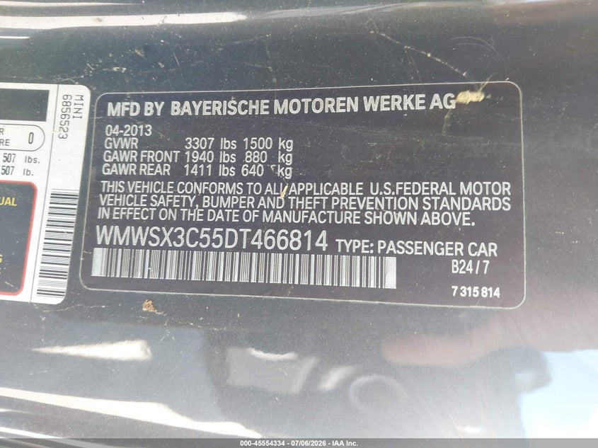 2013 Mini Coupe Cooper S VIN: WMWSX3C55DT466814 Lot: 45554334
