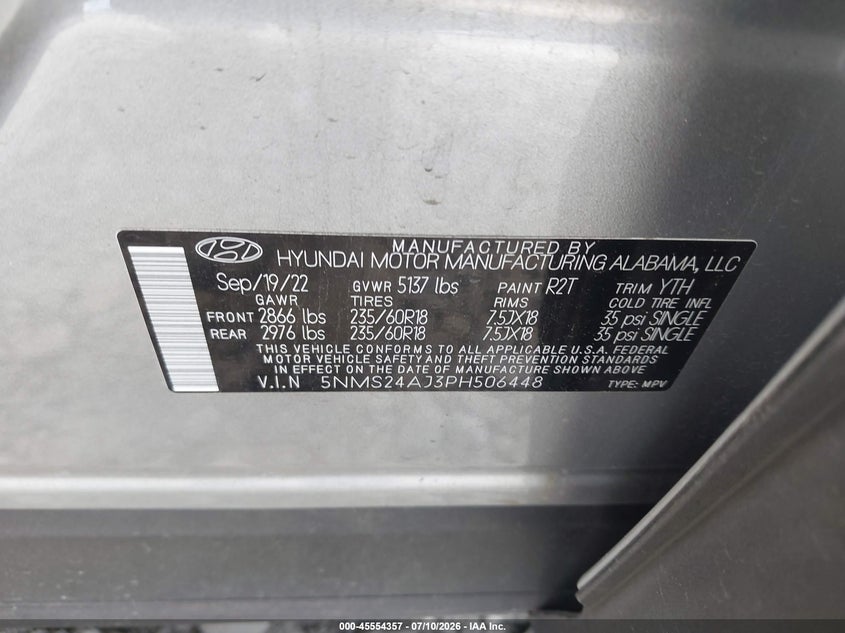 2023 Hyundai Santa Fe Sel VIN: 5NMS24AJ3PH506448 Lot: 45554357