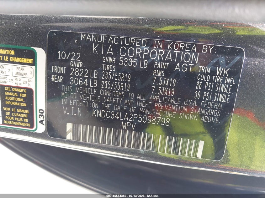 2023 Kia Ev6 Wind VIN: KNDC34LA2P5098798 Lot: 45554359